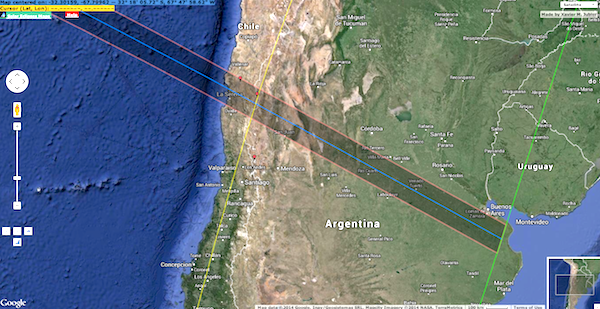 Path across Chile and Argentina. Map courtesy of Xavier Jubier. 